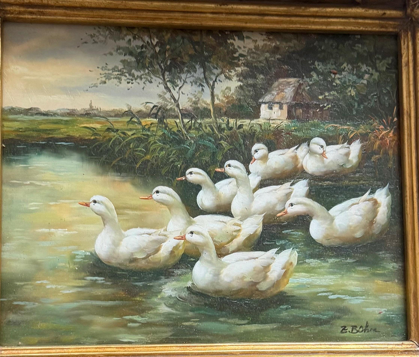Swiss Oil Painting - a family of white Ducks - E. Bohm, incl. Certificate of authenticity, framed, perfect condition, vintage, 31 x 36 cm