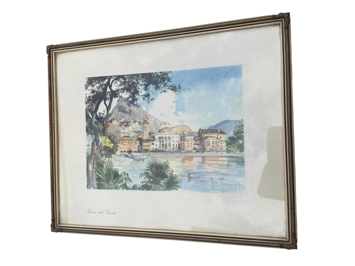 Vintage Watercolour Prints – subtropic mediteranian, early tourism Riva del Garda & Paris – Mid-Century Framed Pair (c.1950s–1960s)