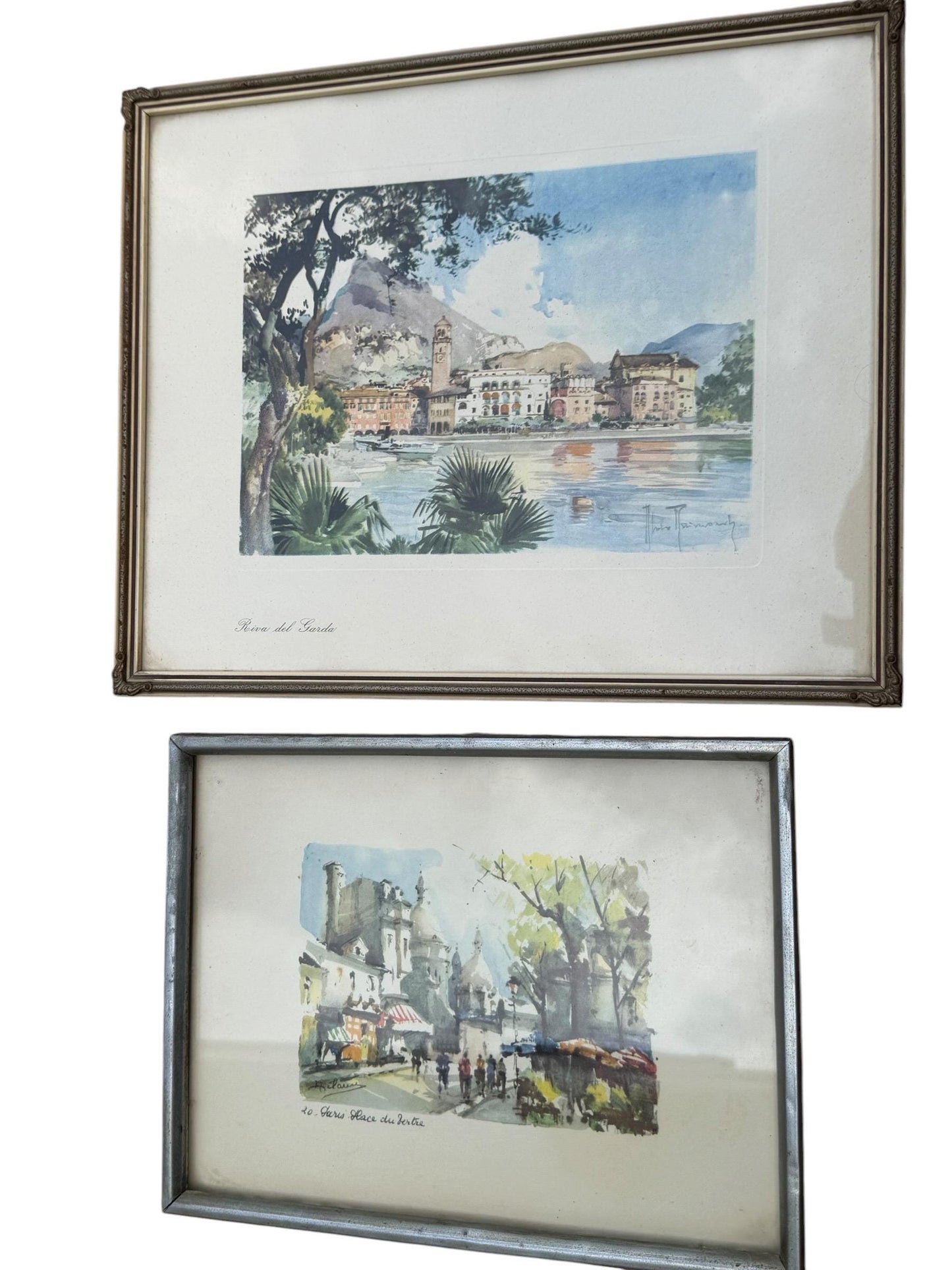 Vintage Watercolour Prints – subtropic mediteranian, early tourism Riva del Garda & Paris – Mid-Century Framed Pair (c.1950s–1960s)