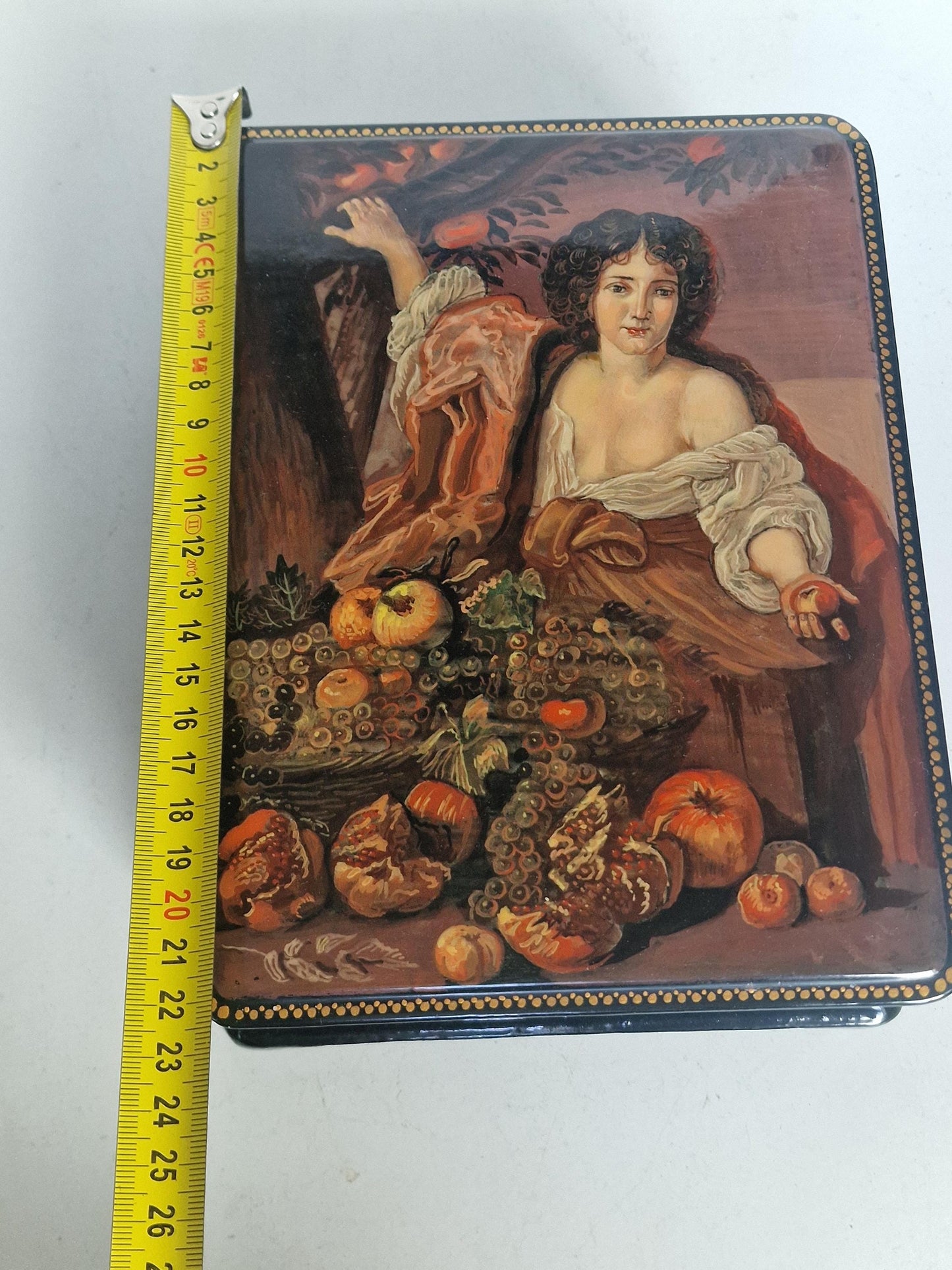 Large Russian Fedoskino school lacquer box, hand painted by A.A. Rozhkov, titled Picking Fruit, c. 2000.