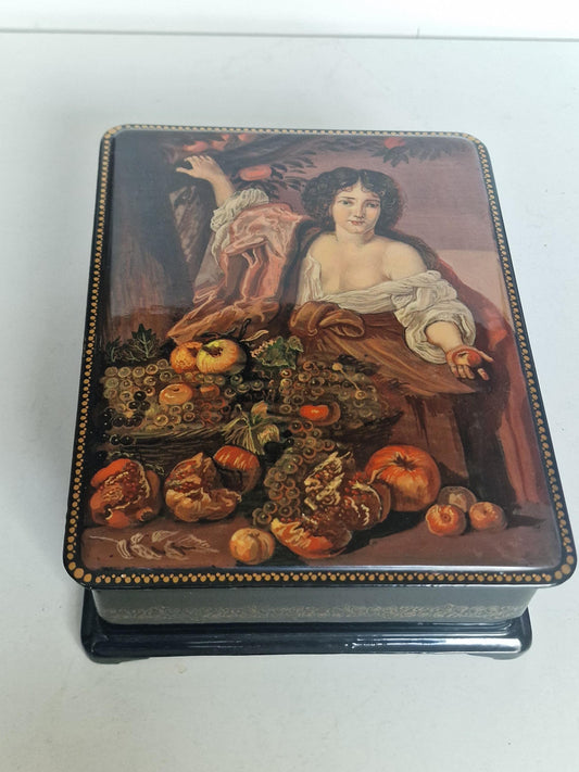 Large Russian Fedoskino school lacquer box, hand painted by A.A. Rozhkov, titled Picking Fruit, c. 2000.