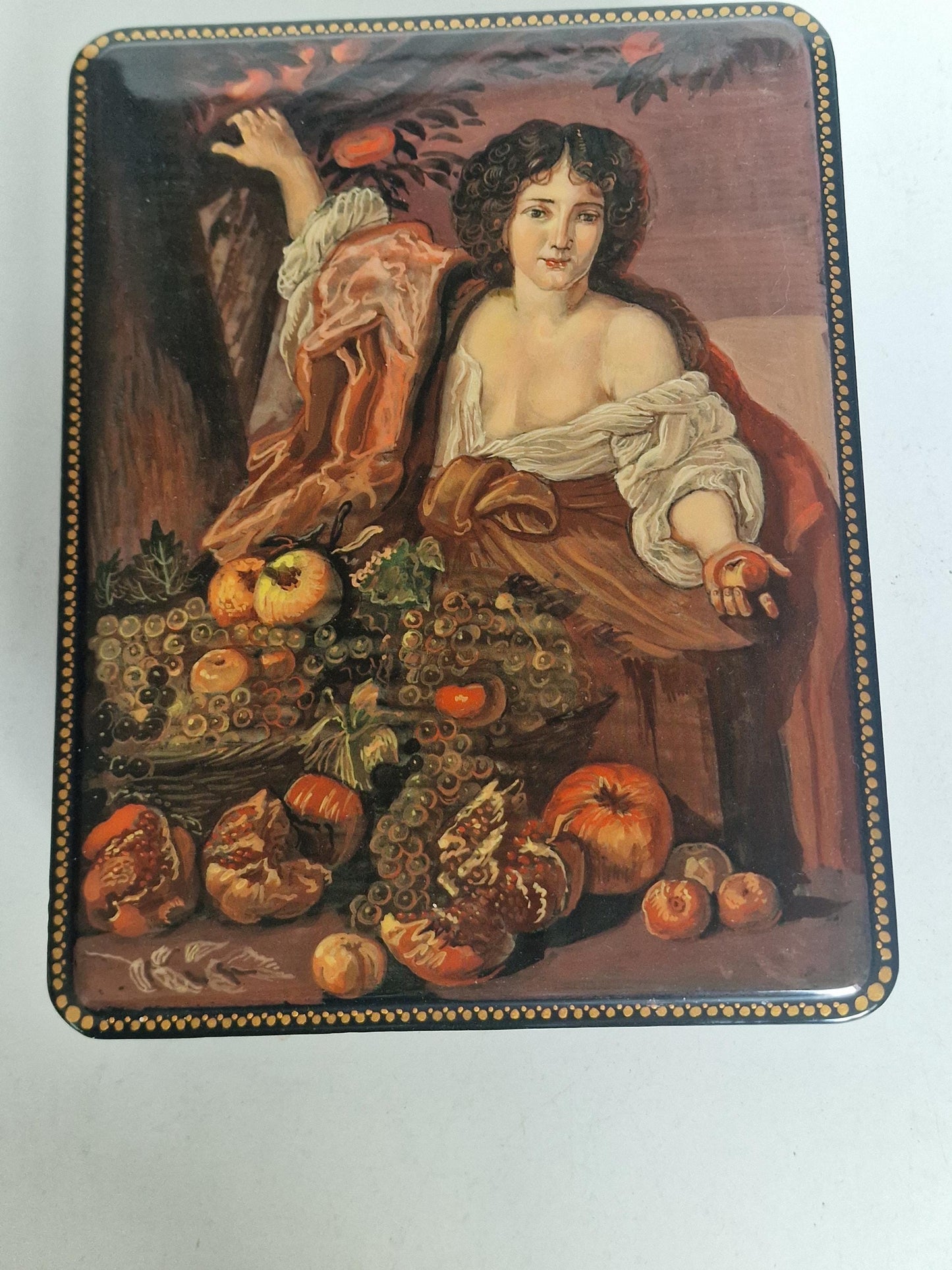 Large Russian Fedoskino school lacquer box, hand painted by A.A. Rozhkov, titled Picking Fruit, c. 2000.