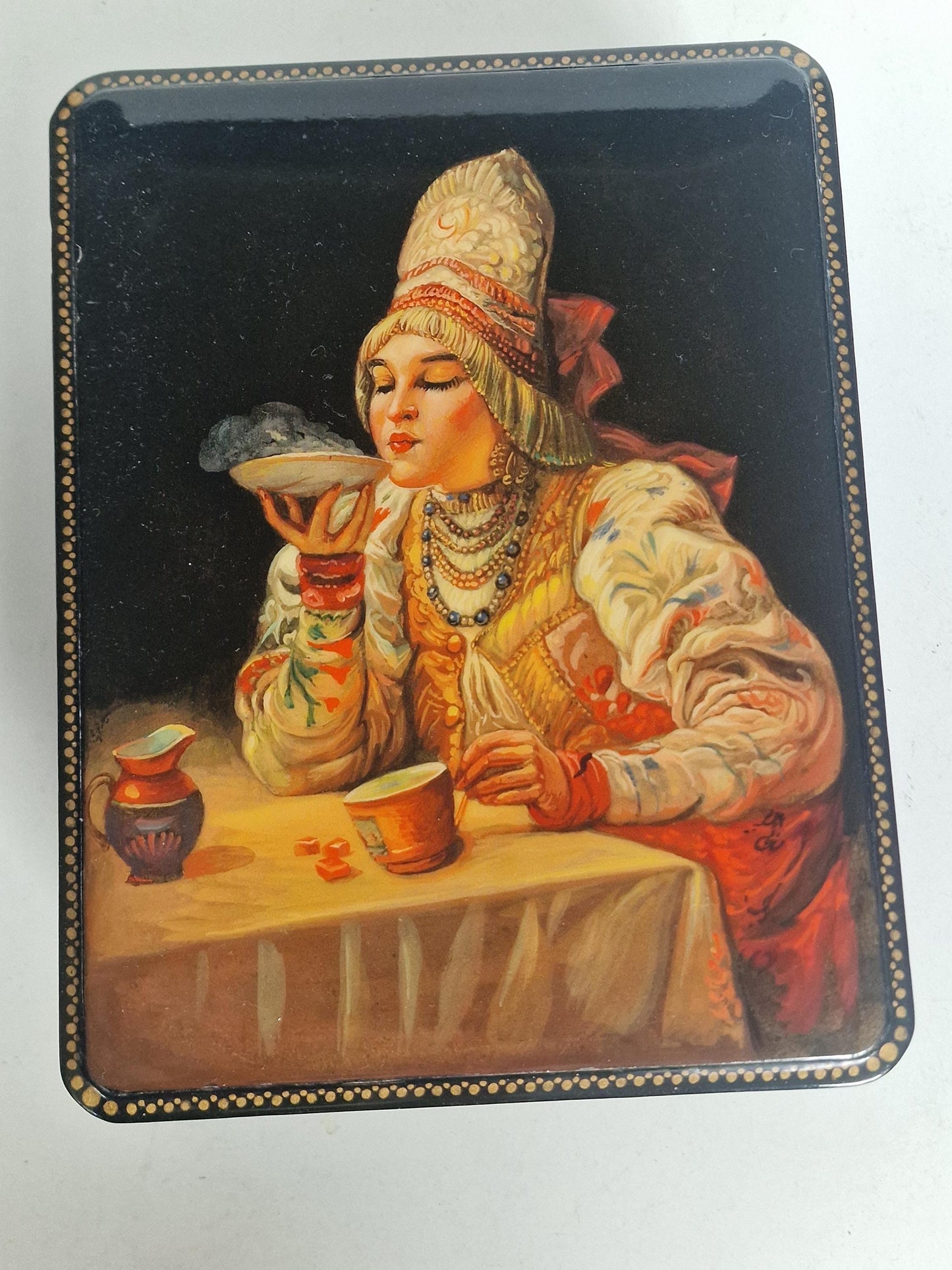 Teaparty - Rozhkov - Large Russian Fedoskino school, xl  lacquer box by A.A. Rozhkov, title: tea party - c. 2000