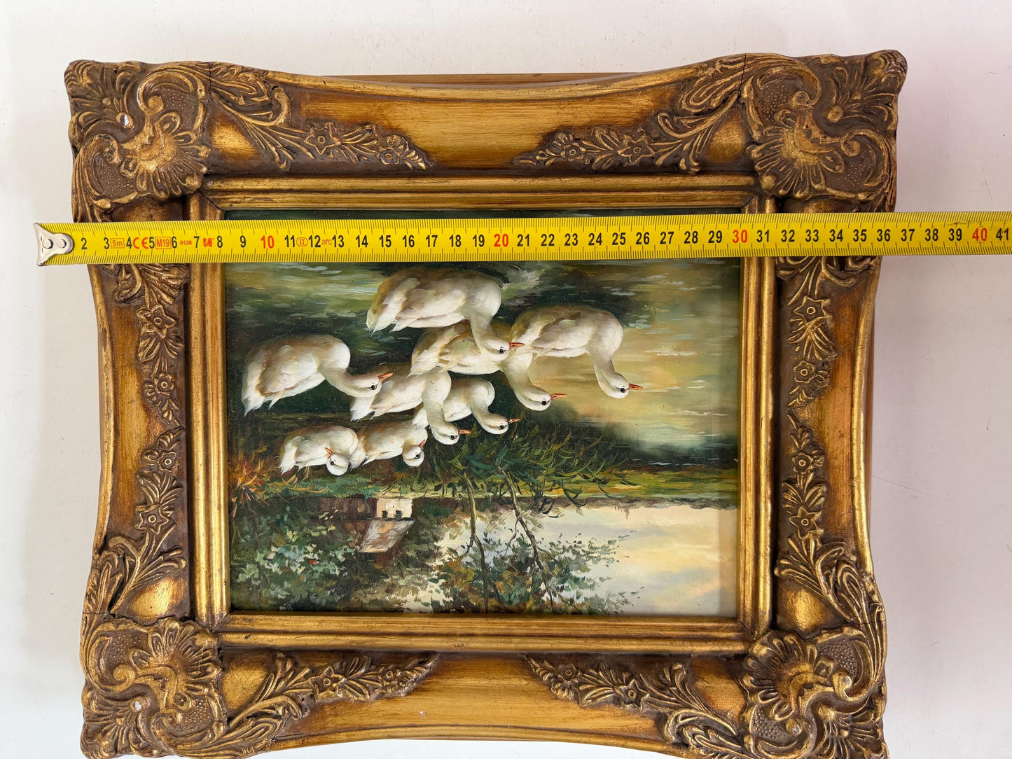 Swiss Oil Painting - a family of white Ducks - E. Bohm, incl. Certificate of authenticity, framed, perfect condition, vintage, 31 x 36 cm