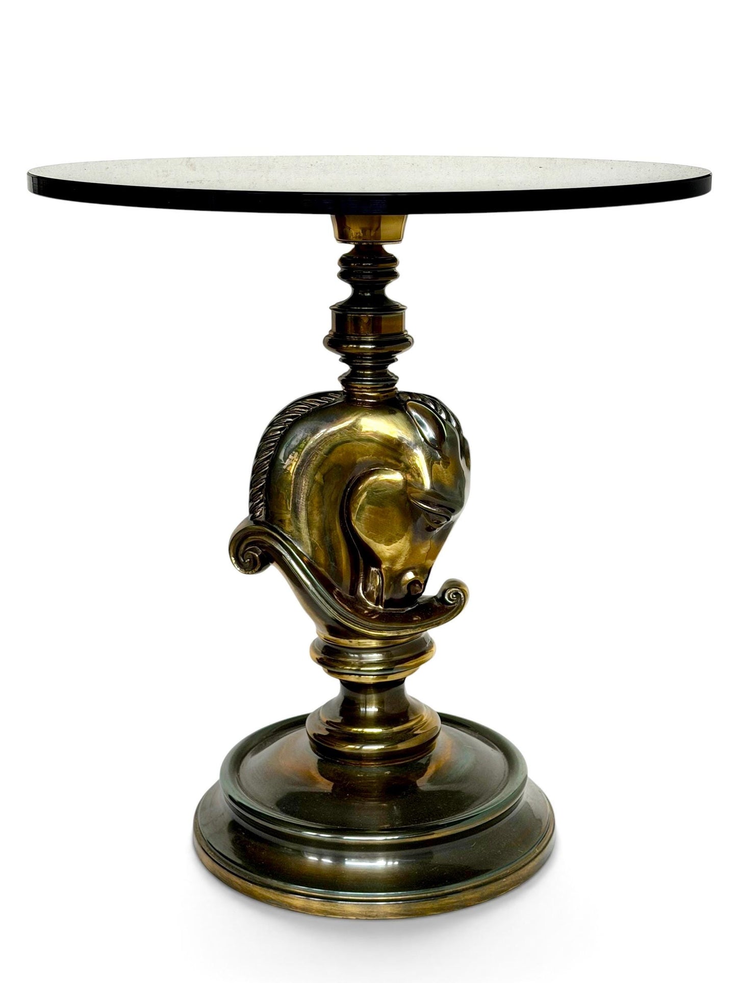 horse sidetable, hollywood regency brass and glass horsehead table, 1970s, deknudt belgian gallery