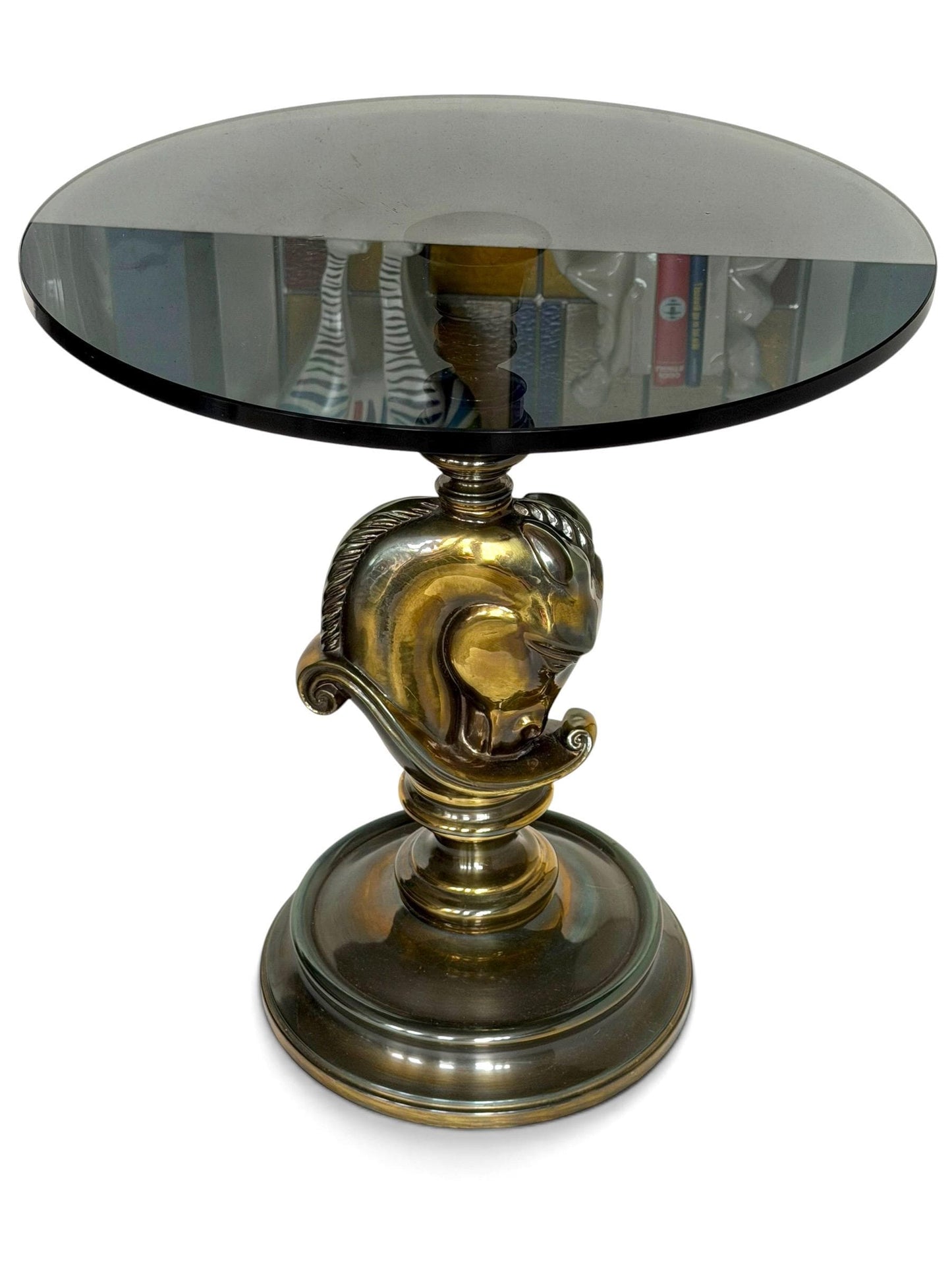 horse sidetable, hollywood regency brass and glass horsehead table, 1970s, deknudt belgian gallery