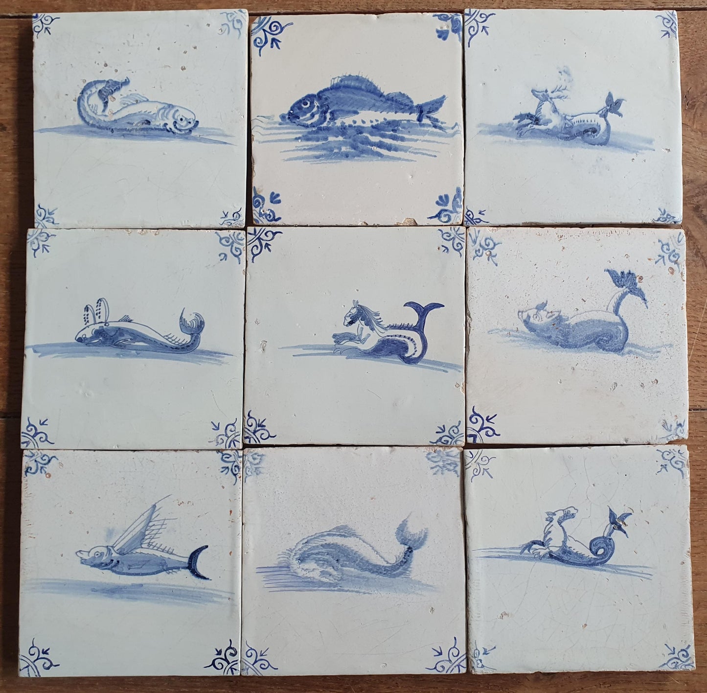 Antique Delft Mermaid Tiles, 17th Century Dutch Seascape, Set of 9