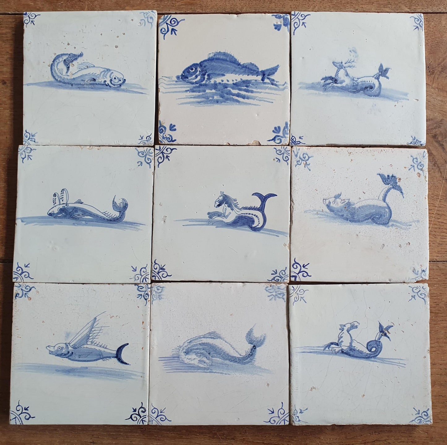 Antique Delft Mermaid Tiles, 17th Century Dutch Seascape, Set of 9