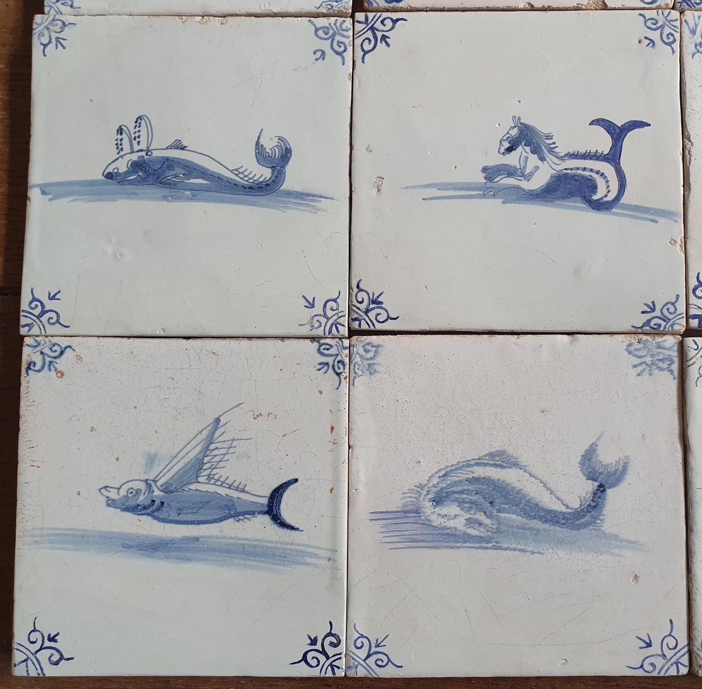 Antique Delft Mermaid Tiles, 17th Century Dutch Seascape, Set of 9
