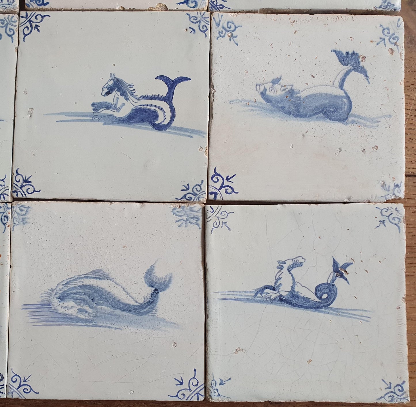 Antique Delft Mermaid Tiles, 17th Century Dutch Seascape, Set of 9
