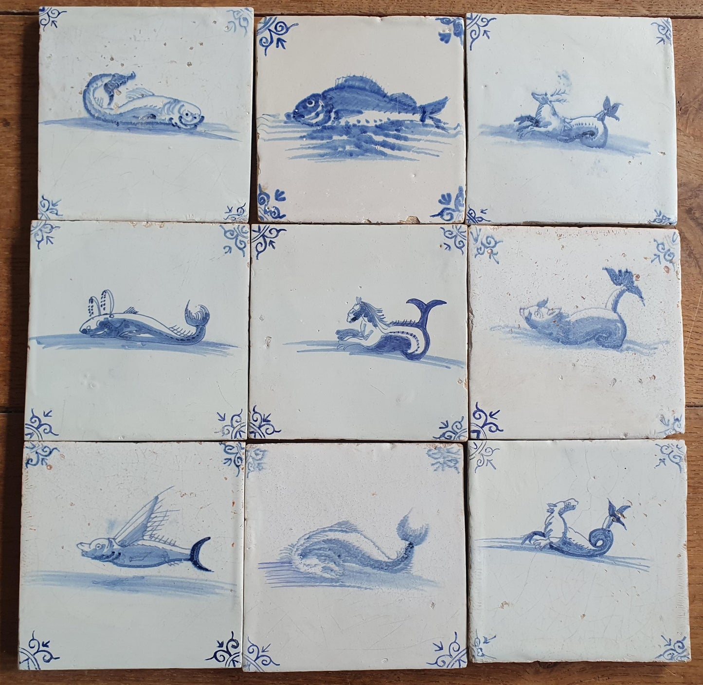 Antique Delft Mermaid Tiles, 17th Century Dutch Seascape, Set of 9