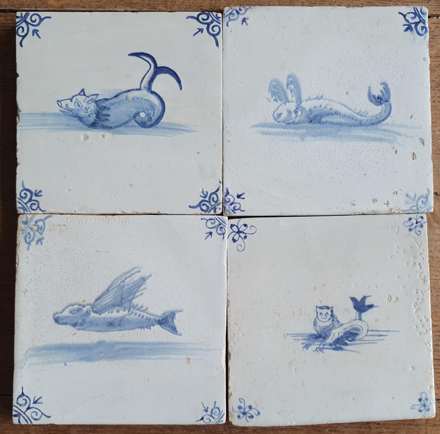 Antique Delft Mermaid Tiles, 17th Century Dutch Seascape, Set of 4