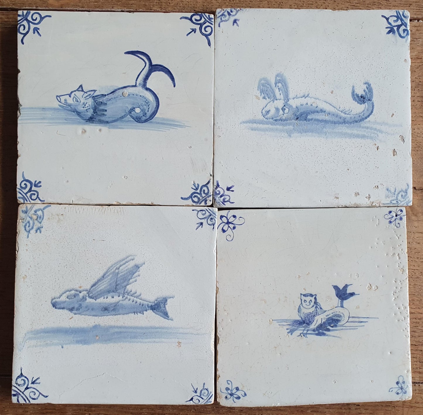 Antique Delft Mermaid Tiles, 17th Century Dutch Seascape, Set of 4