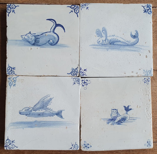 Antique Delft Mermaid Tiles, 17th Century Dutch Seascape, Set of 4