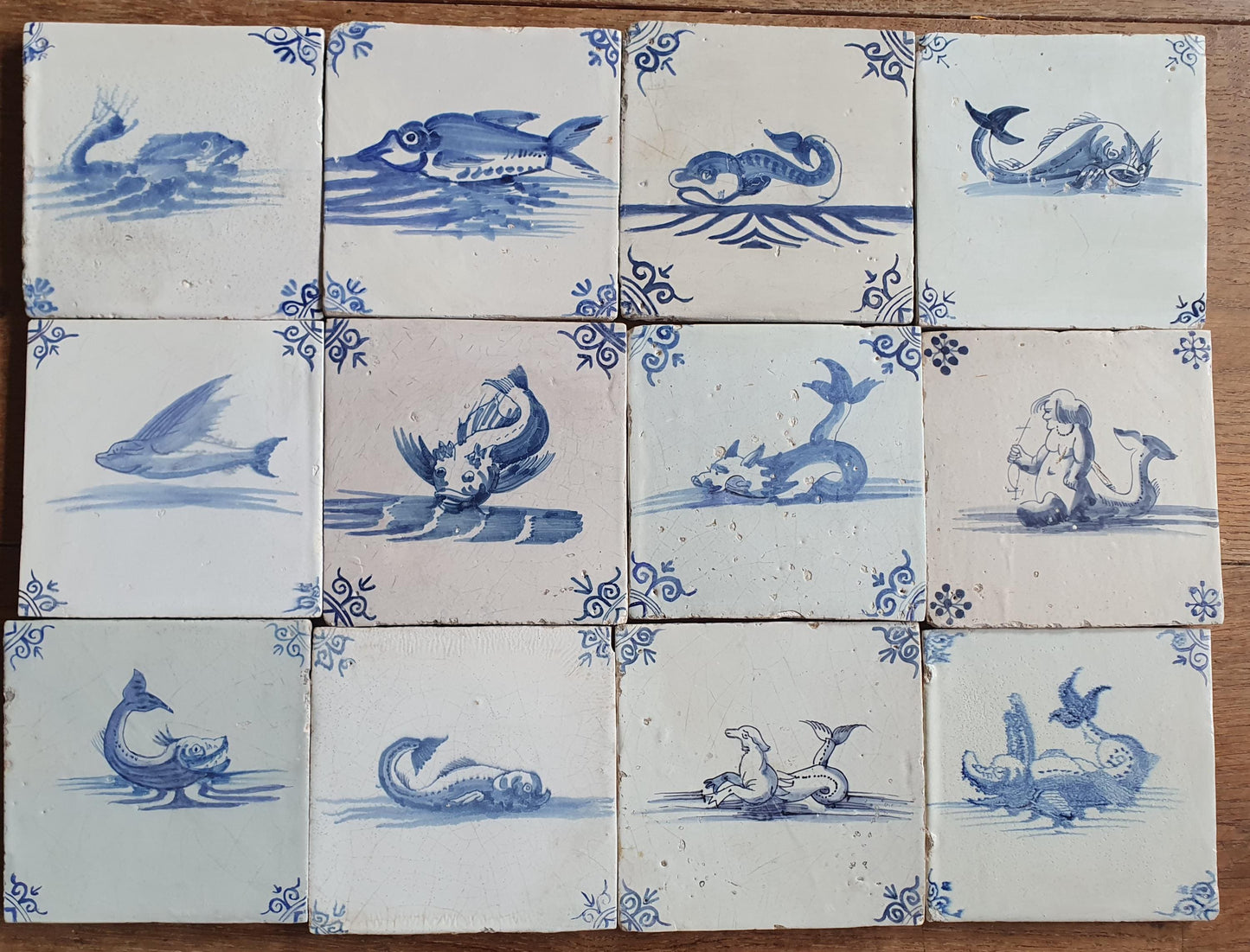 Antique Delft Mermaid Tiles, 17th Century Dutch Seascape, Set of 12