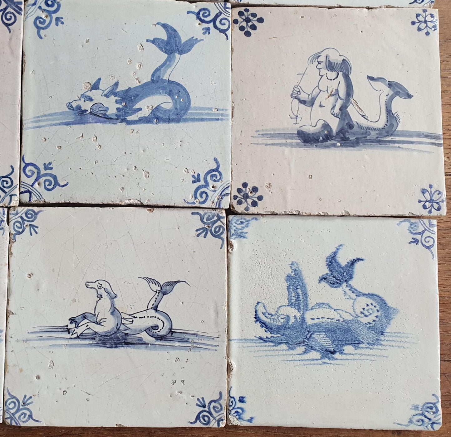 Antique Delft Mermaid Tiles, 17th Century Dutch Seascape, Set of 12