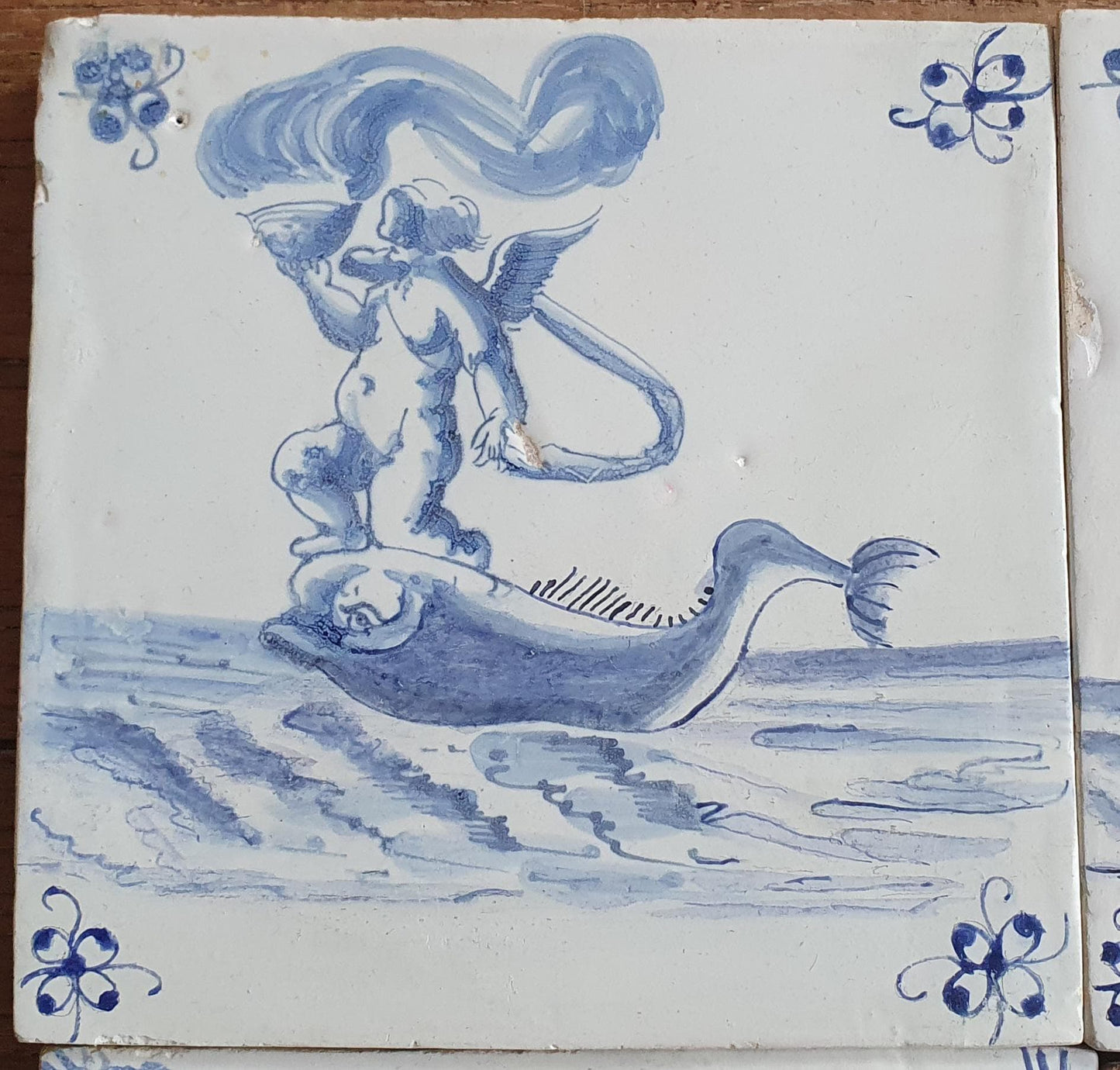 Antique Delft Mermaid Tiles, 17th Century Dutch Seascape, Set of 4