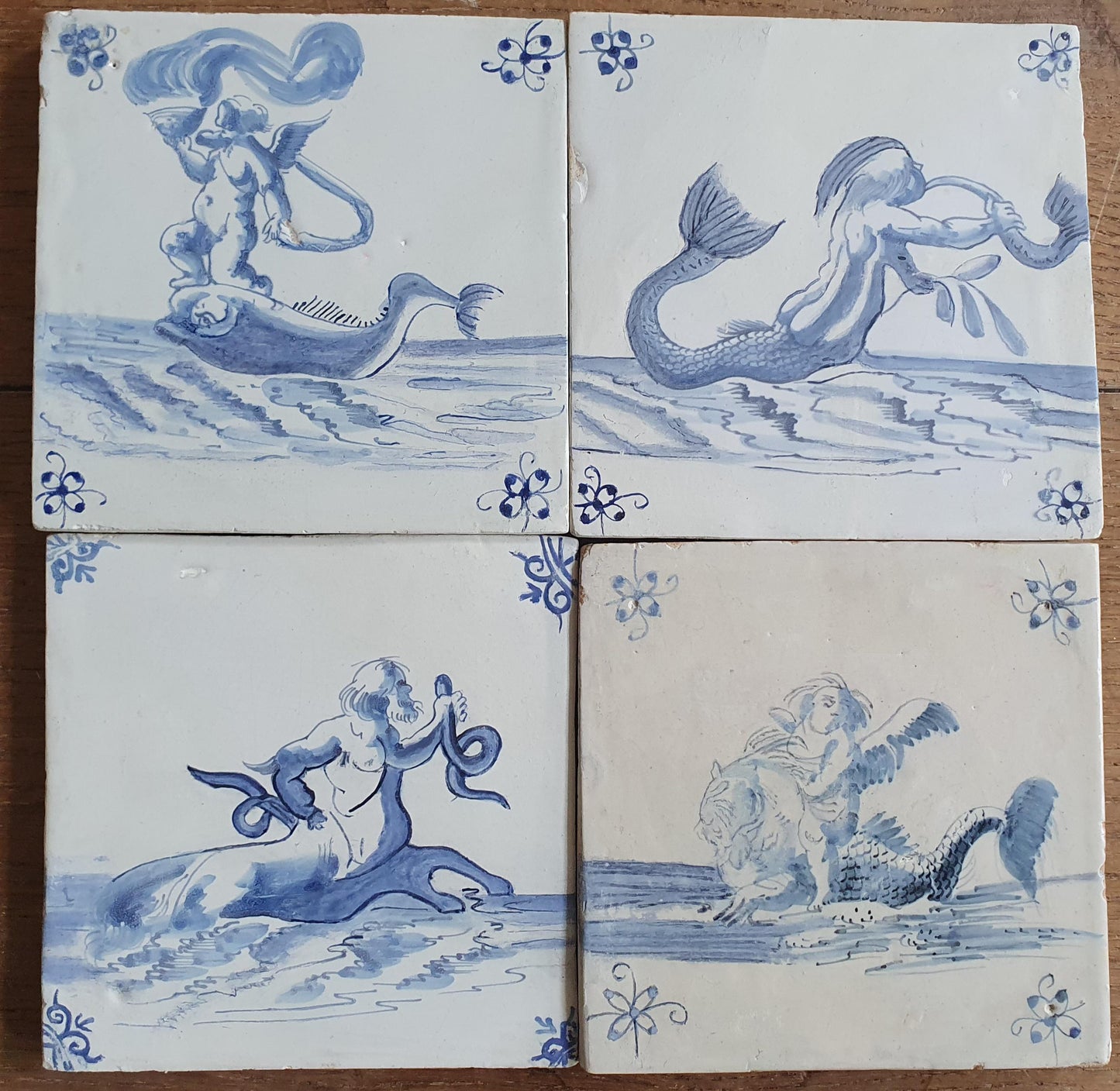 Antique Delft Mermaid Tiles, 17th Century Dutch Seascape, Set of 4