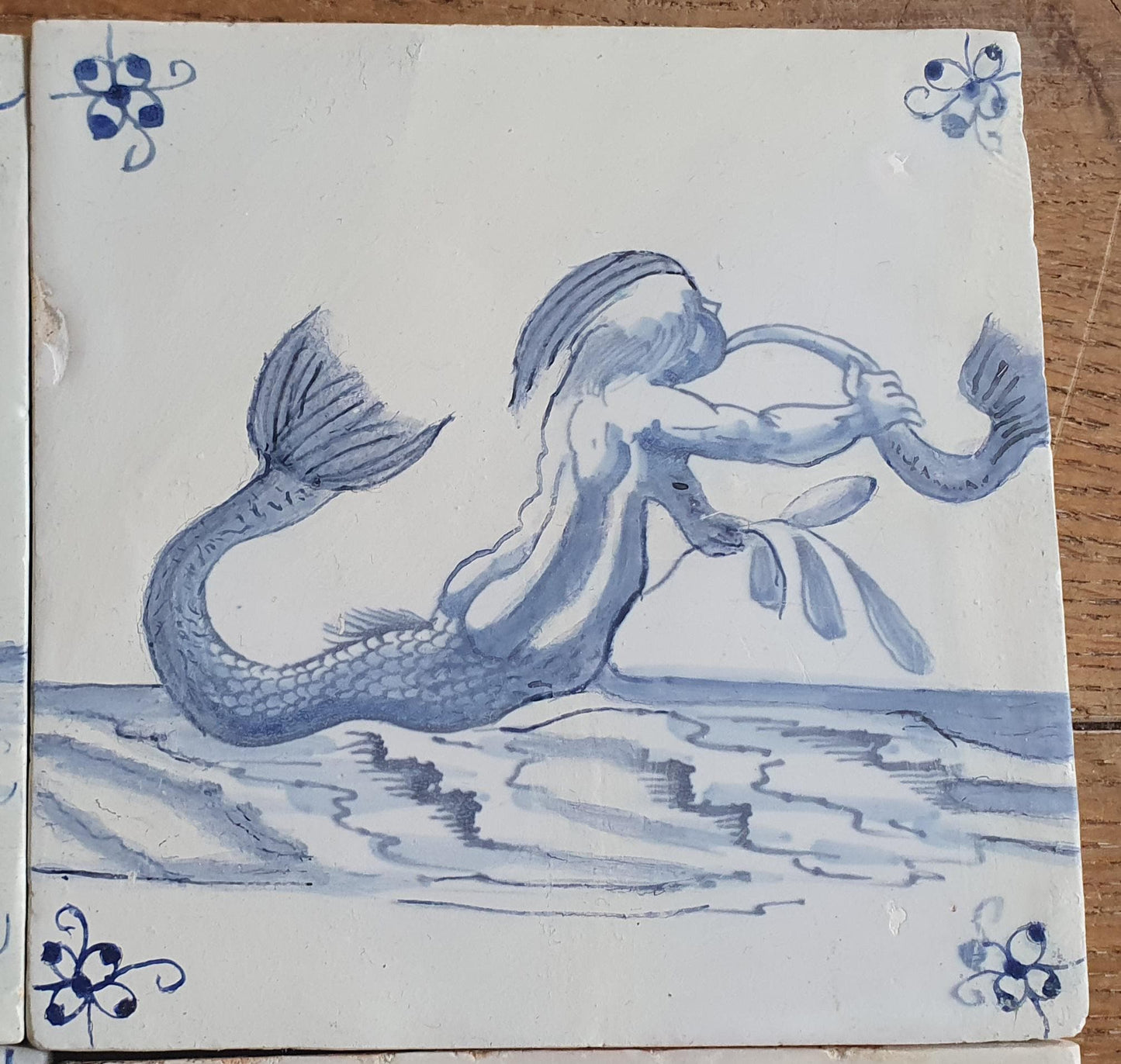Antique Delft Mermaid Tiles, 17th Century Dutch Seascape, Set of 4