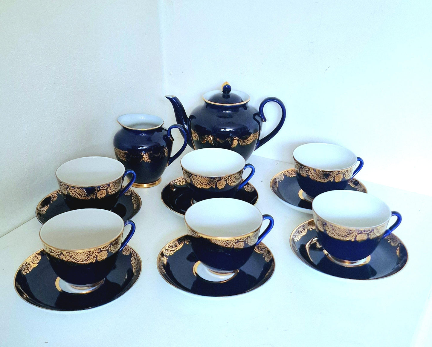 Lomonosov service tea coffee 6 person art deco / midcentury porcelain cobalt kobalt gold, tsar collection