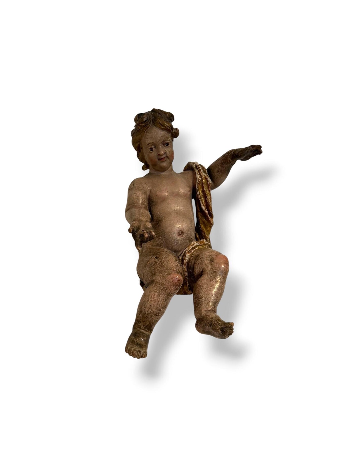 Large antique Cherub, 18th Century Austrian Baroque Putto – Polychromed and Gilded Wood