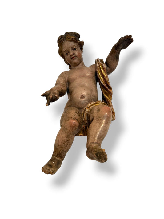 Large antique Cherub, 18th Century Austrian Baroque Putto – Polychromed and Gilded Wood