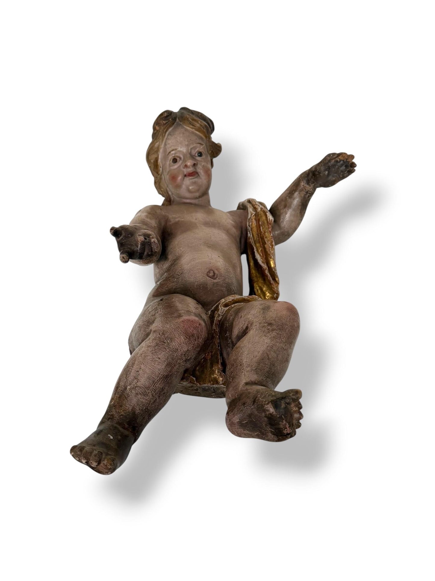 Large antique Cherub, 18th Century Austrian Baroque Putto – Polychromed and Gilded Wood