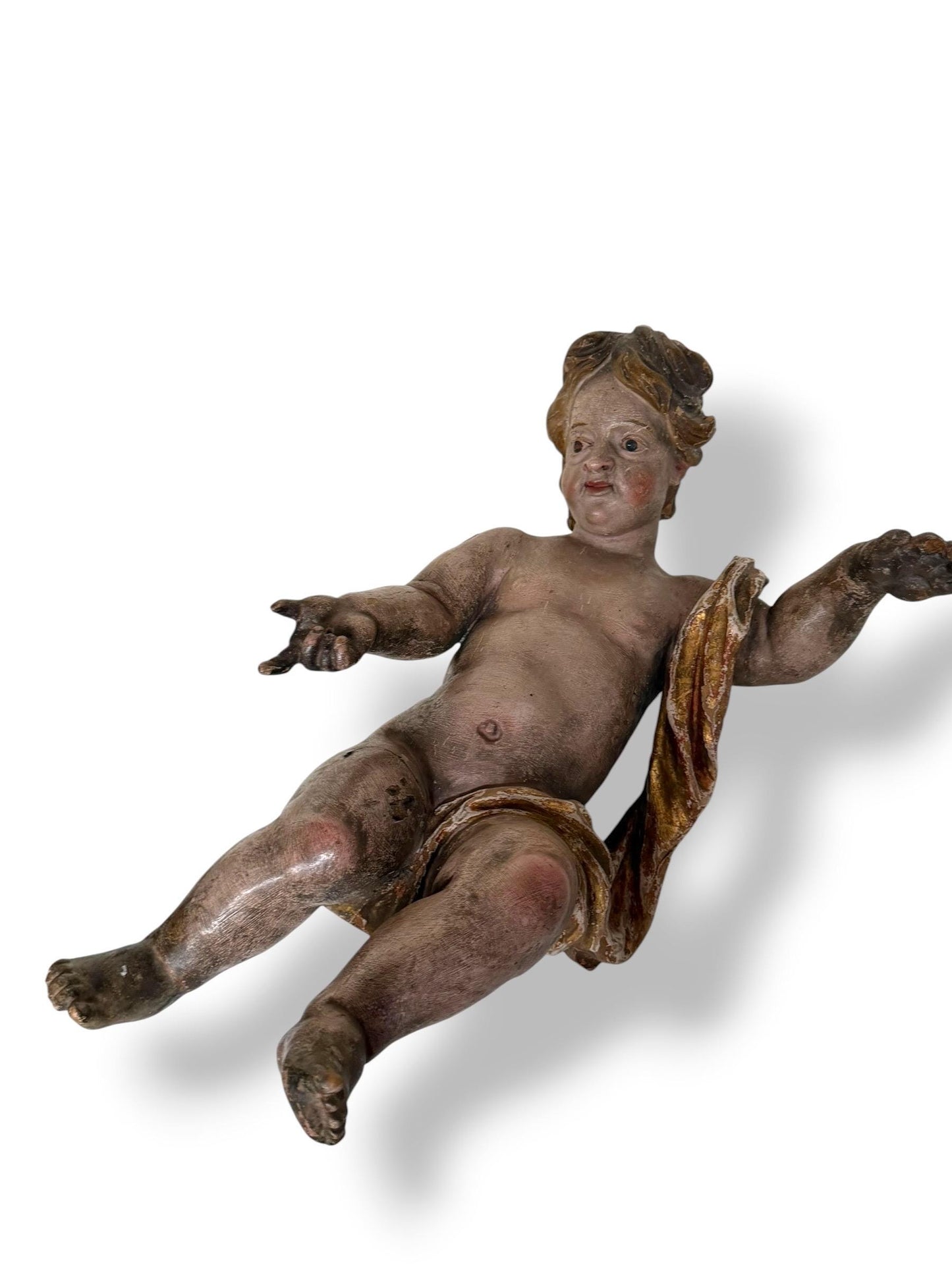 Large antique Cherub, 18th Century Austrian Baroque Putto – Polychromed and Gilded Wood