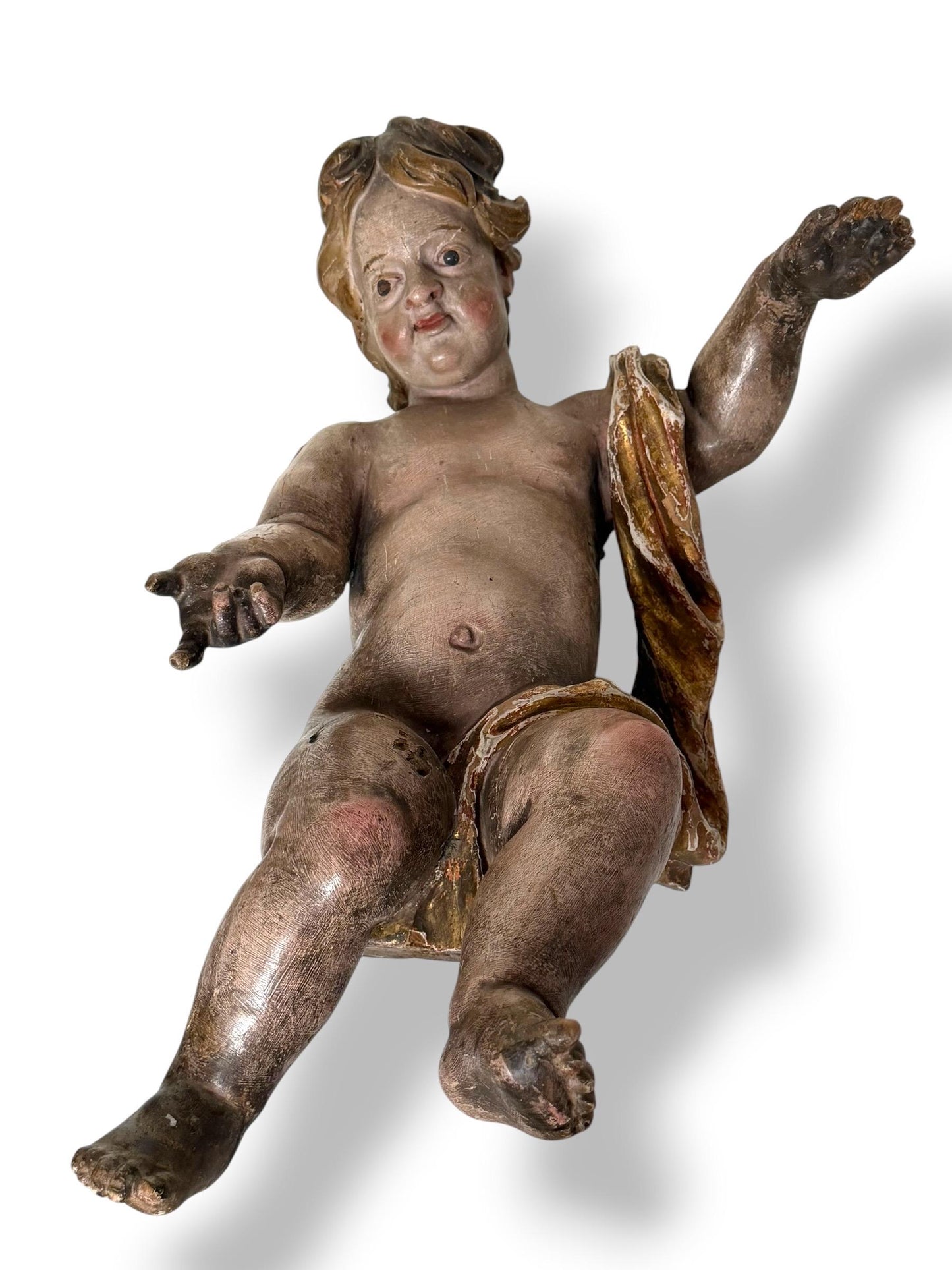 Large antique Cherub, 18th Century Austrian Baroque Putto – Polychromed and Gilded Wood