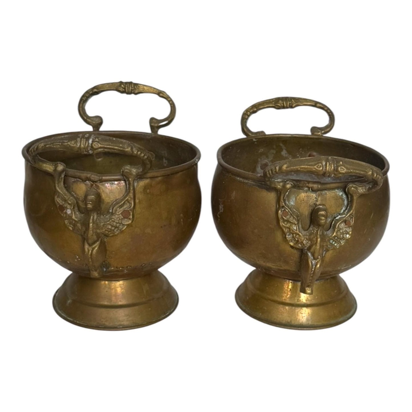 Antique Pair of Art Nouveau Cachepots with Mythical Winged Siren Handles c.1900–1920, set planters in red and yellow copper and brass