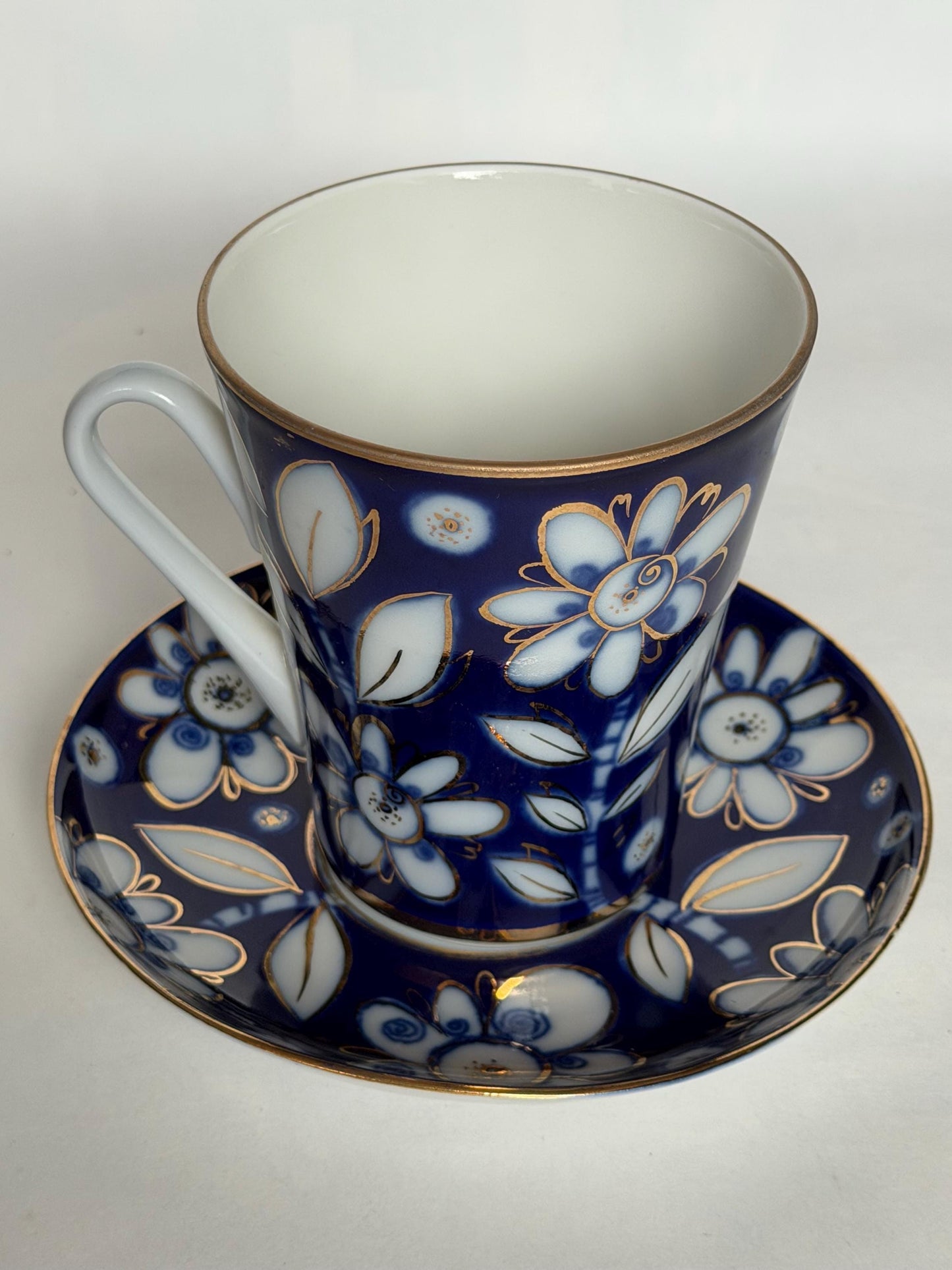 A set of 2 Vintage Lomonosov Large Cup and Saucer Cobalt Blue White Flowers 22K Gold porcelain, chocolate, tea cup xl