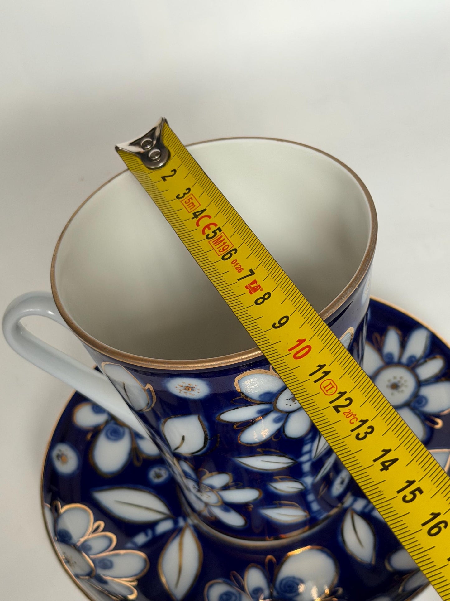 A set of 2 Vintage Lomonosov Large Cup and Saucer Cobalt Blue White Flowers 22K Gold porcelain, chocolate, tea cup xl