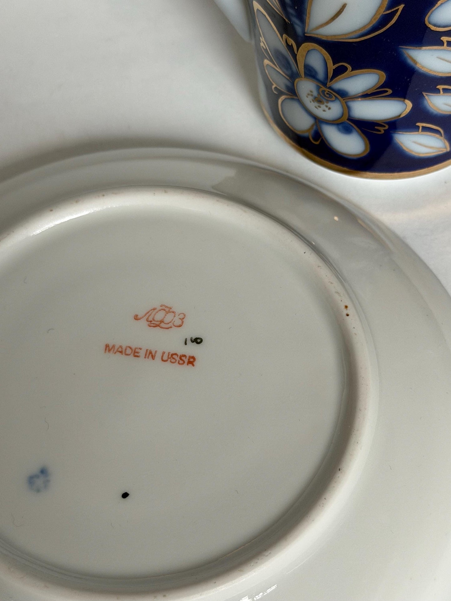A set of 2 Vintage Lomonosov Large Cup and Saucer Cobalt Blue White Flowers 22K Gold porcelain, chocolate, tea cup xl