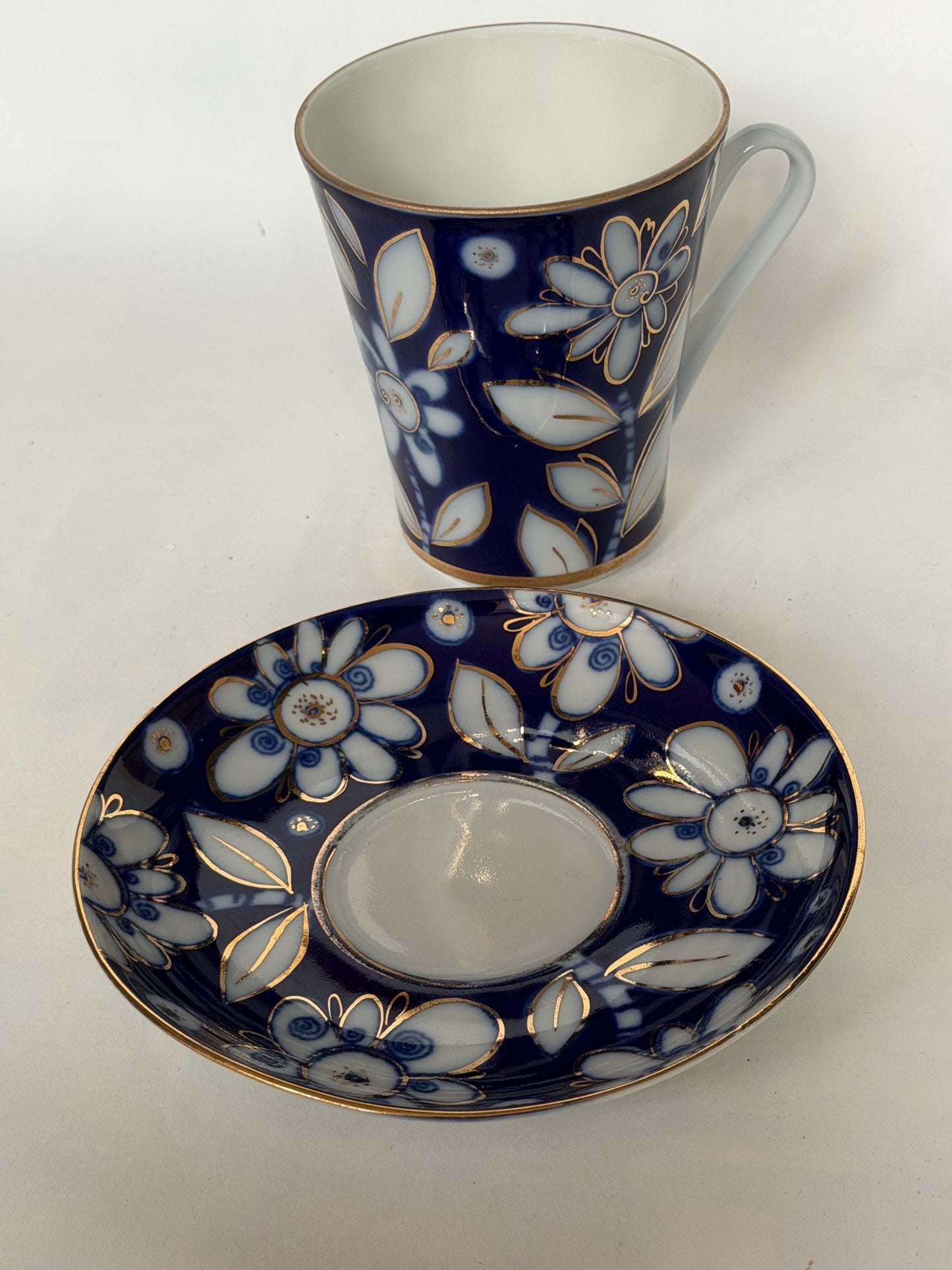 A set of 2 Vintage Lomonosov Large Cup and Saucer Cobalt Blue White Flowers 22K Gold porcelain, chocolate, tea cup xl