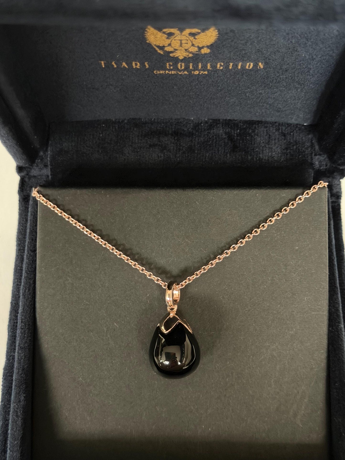 FABERGE Sterling Silver Rose Gold Charm necklace with onyx black pendant, Fabergé