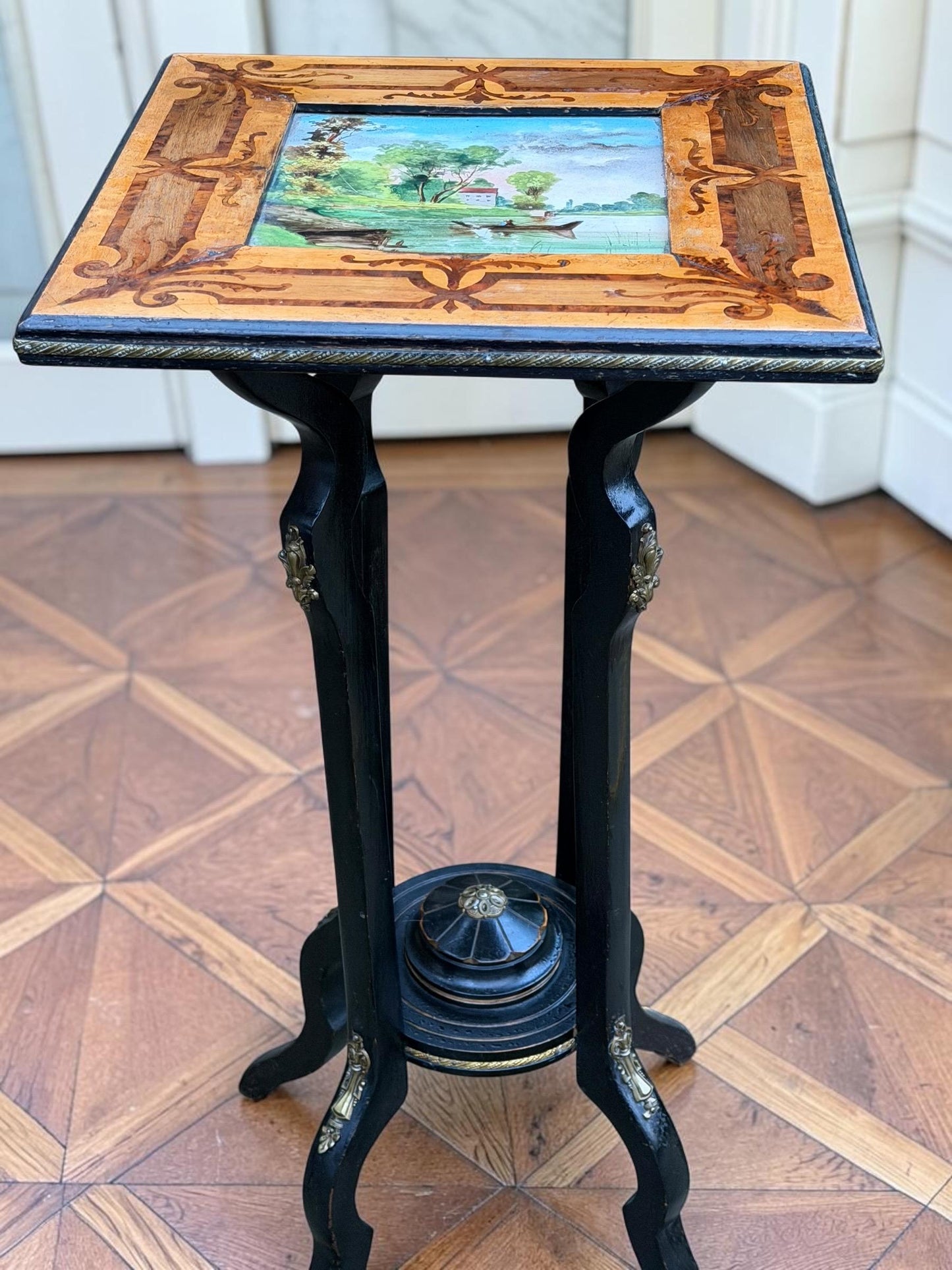 French Napoleon III Marquetry Plant Stand with Hand-Painted Ceramic Tile, circa 1860, antique sidetable.