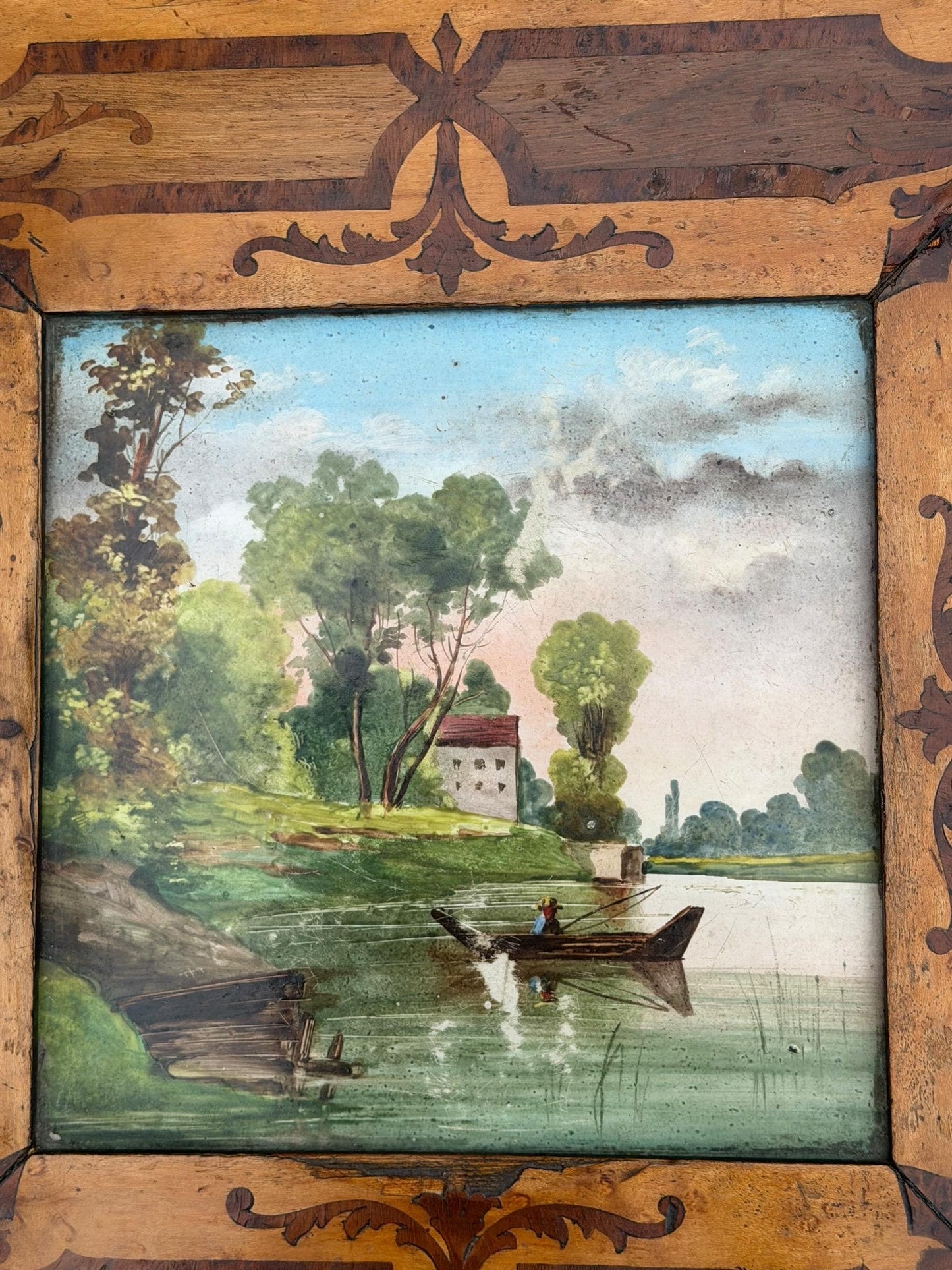 French Napoleon III Marquetry Plant Stand with Hand-Painted Ceramic Tile, circa 1860, antique sidetable.
