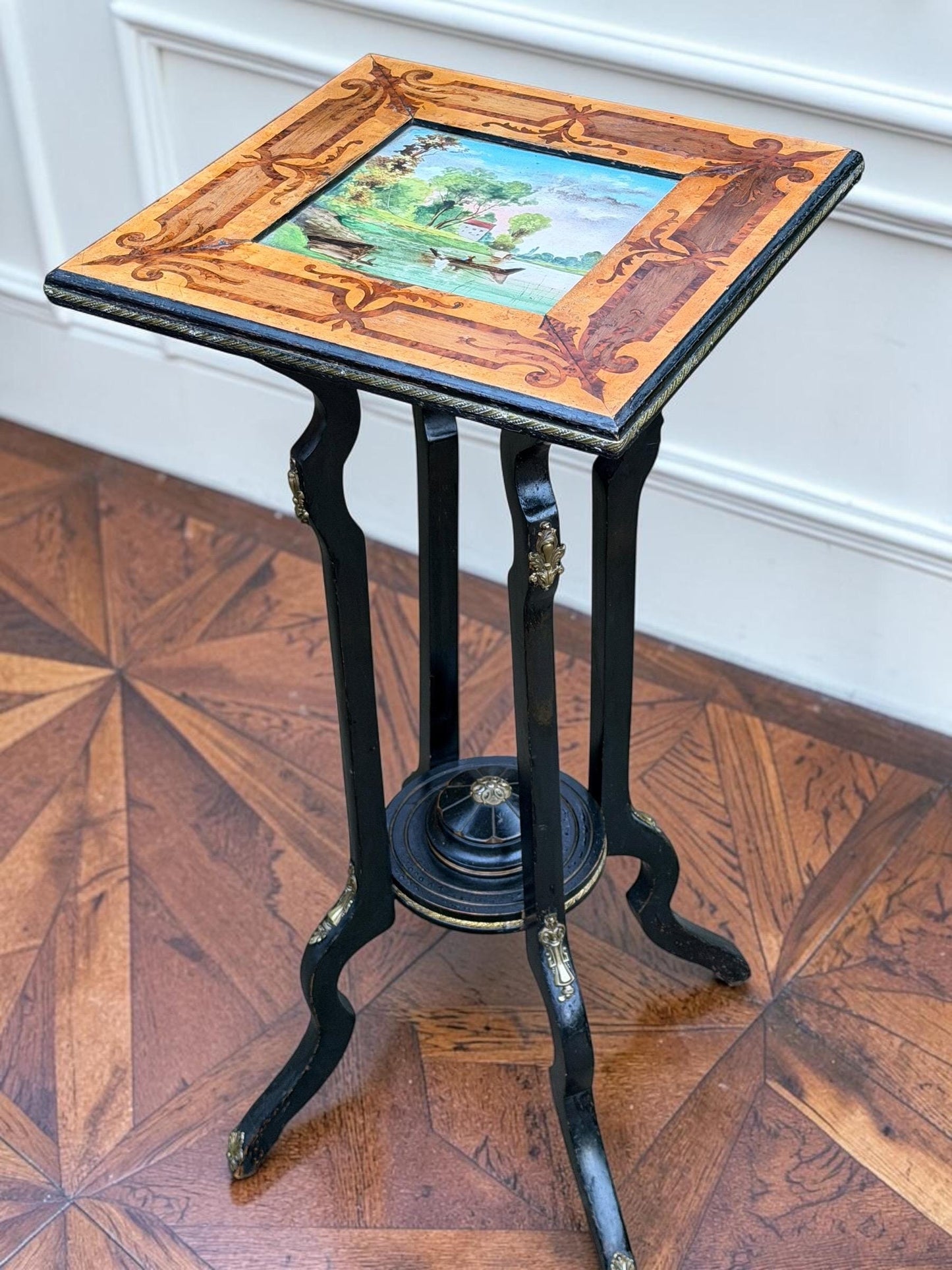 French Napoleon III Marquetry Plant Stand with Hand-Painted Ceramic Tile, circa 1860, antique sidetable.