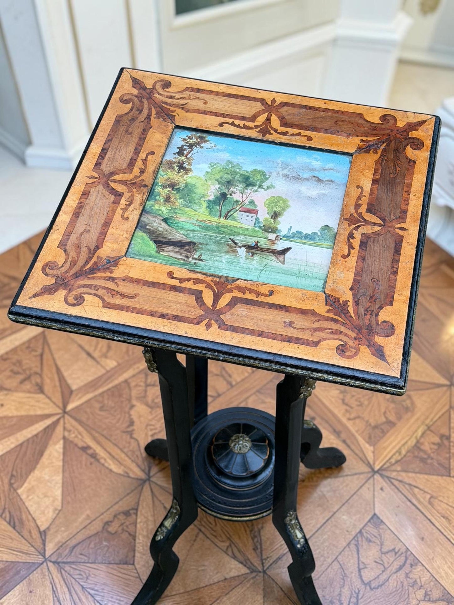 French Napoleon III Marquetry Plant Stand with Hand-Painted Ceramic Tile, circa 1860, antique sidetable.