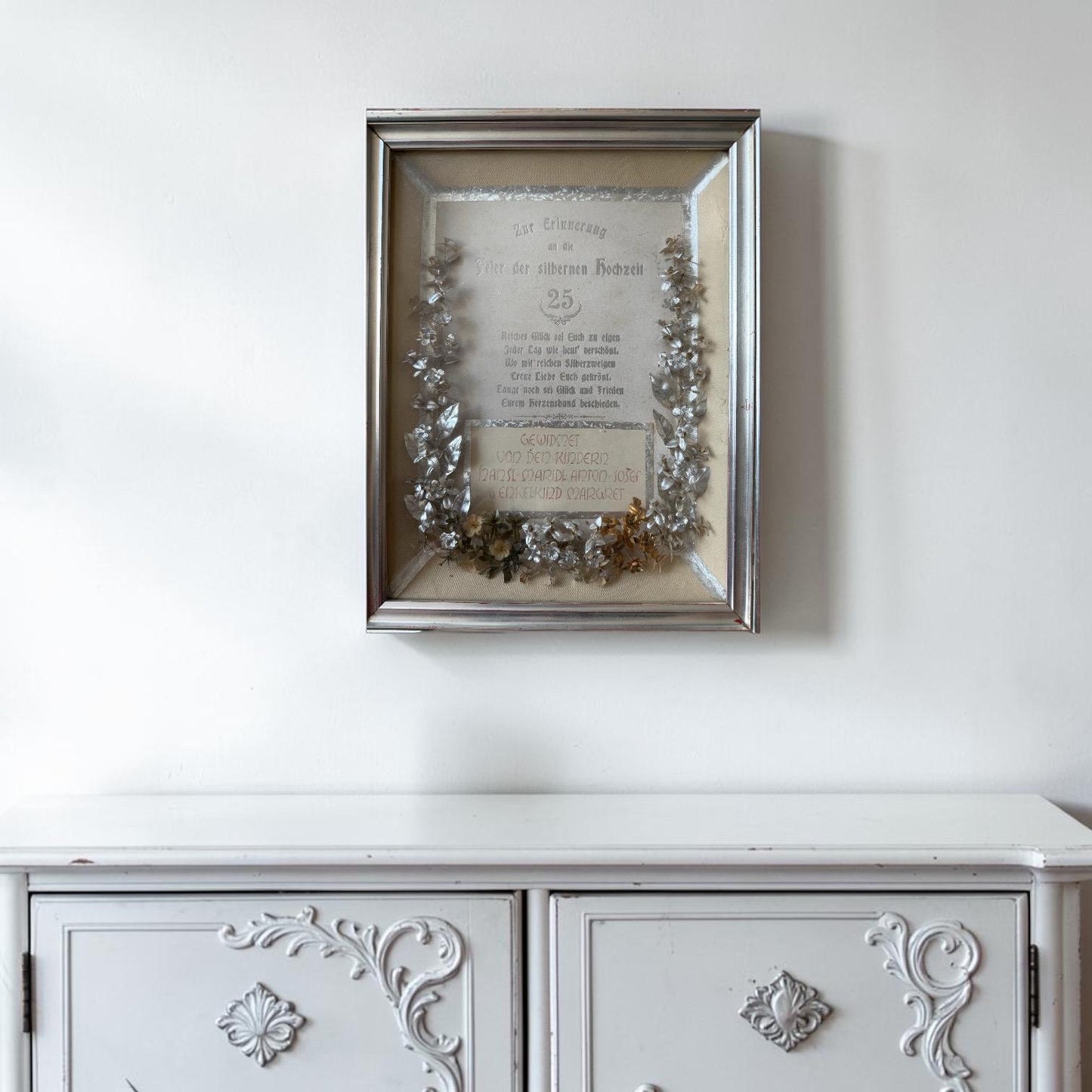 Rare German silver wedding anniversary shadow box dating 1920s. Brocante 3d viewing box 25 wedding w. silver german bridal tiara inside