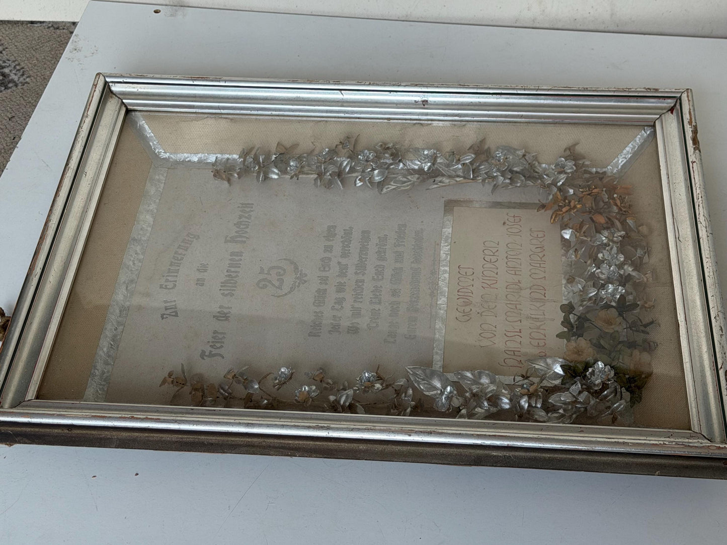Rare German silver wedding anniversary shadow box dating 1920s. Brocante 3d viewing box 25 wedding w. silver german bridal tiara inside