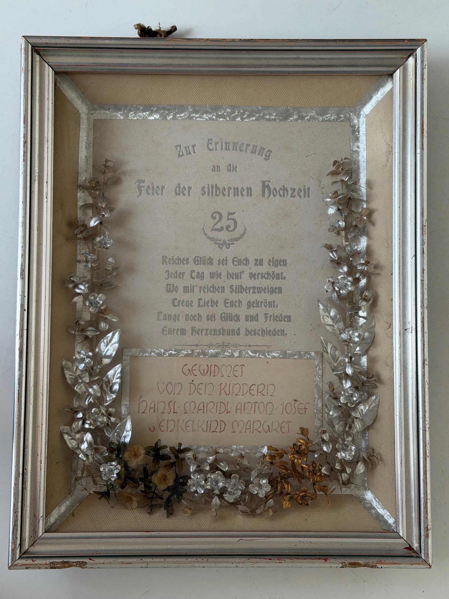 Rare German silver wedding anniversary shadow box dating 1920s. Brocante 3d viewing box 25 wedding w. silver german bridal tiara inside