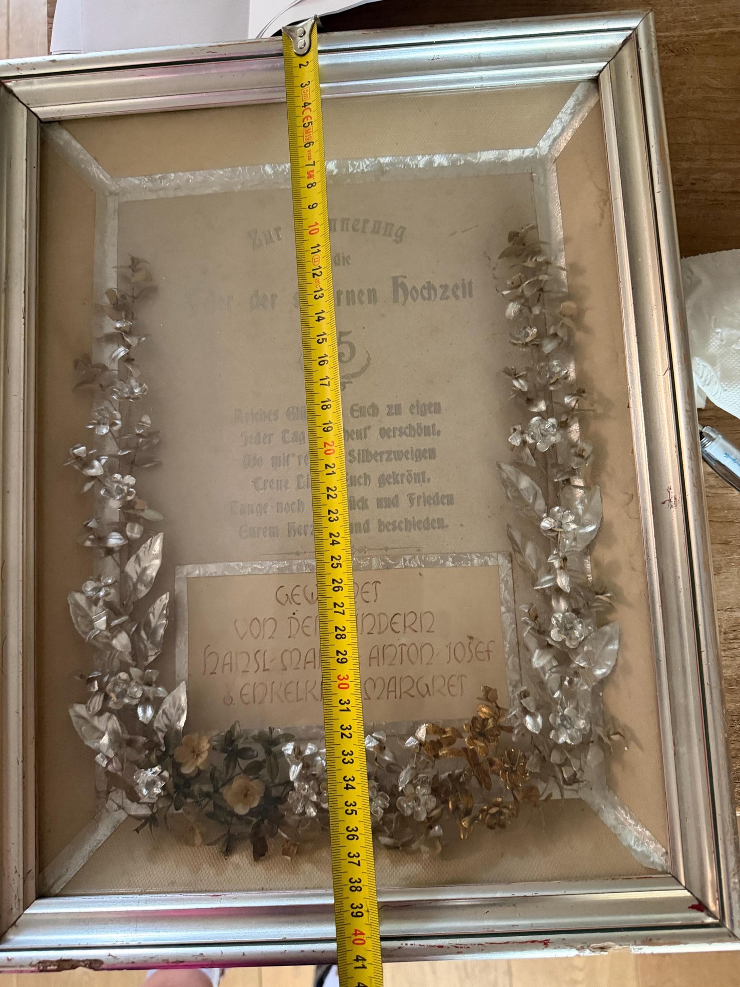 Rare German silver wedding anniversary shadow box dating 1920s. Brocante 3d viewing box 25 wedding w. silver german bridal tiara inside