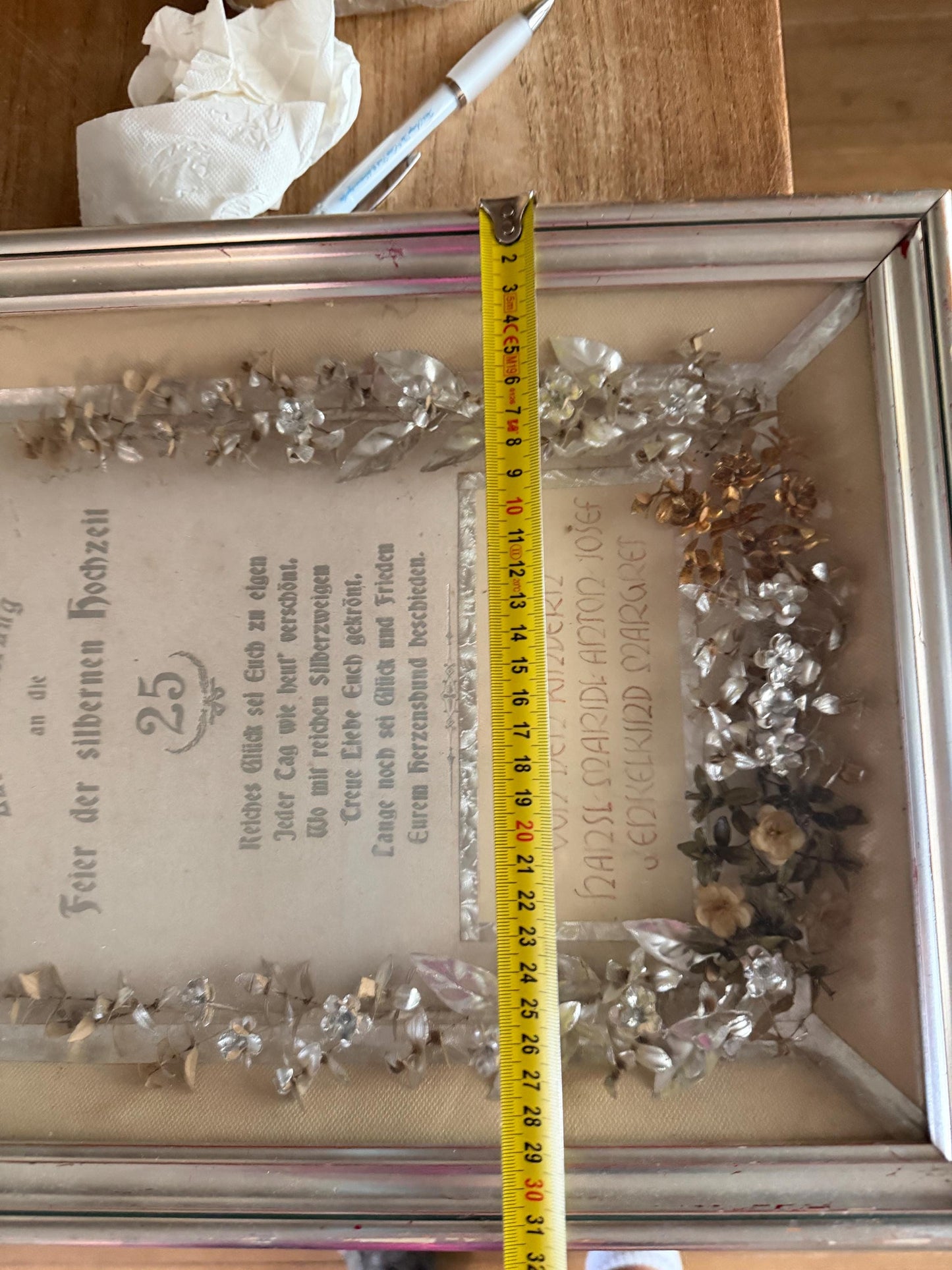 Rare German silver wedding anniversary shadow box dating 1920s. Brocante 3d viewing box 25 wedding w. silver german bridal tiara inside