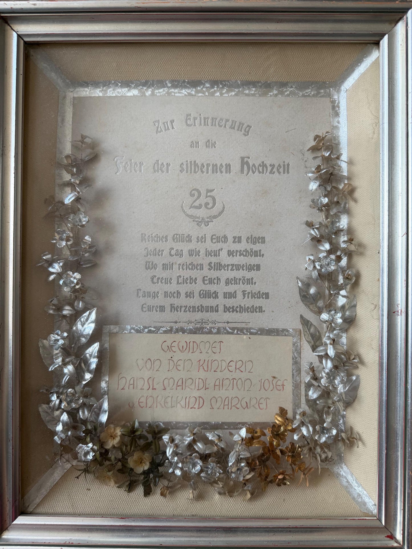 Rare German silver wedding anniversary shadow box dating 1920s. Brocante 3d viewing box 25 wedding w. silver german bridal tiara inside