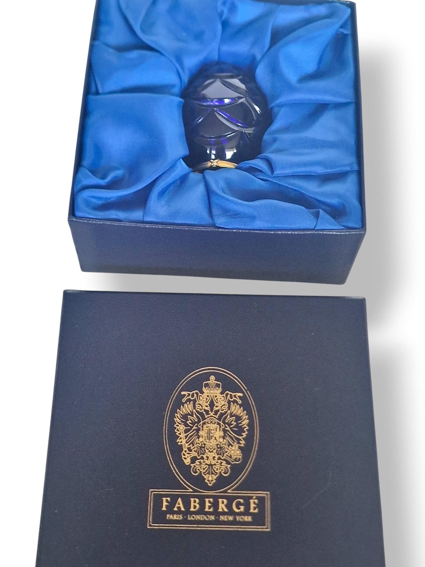 Signed Faberge Imperial boxed Crystal Egg, Limited Edition, sapphire blue