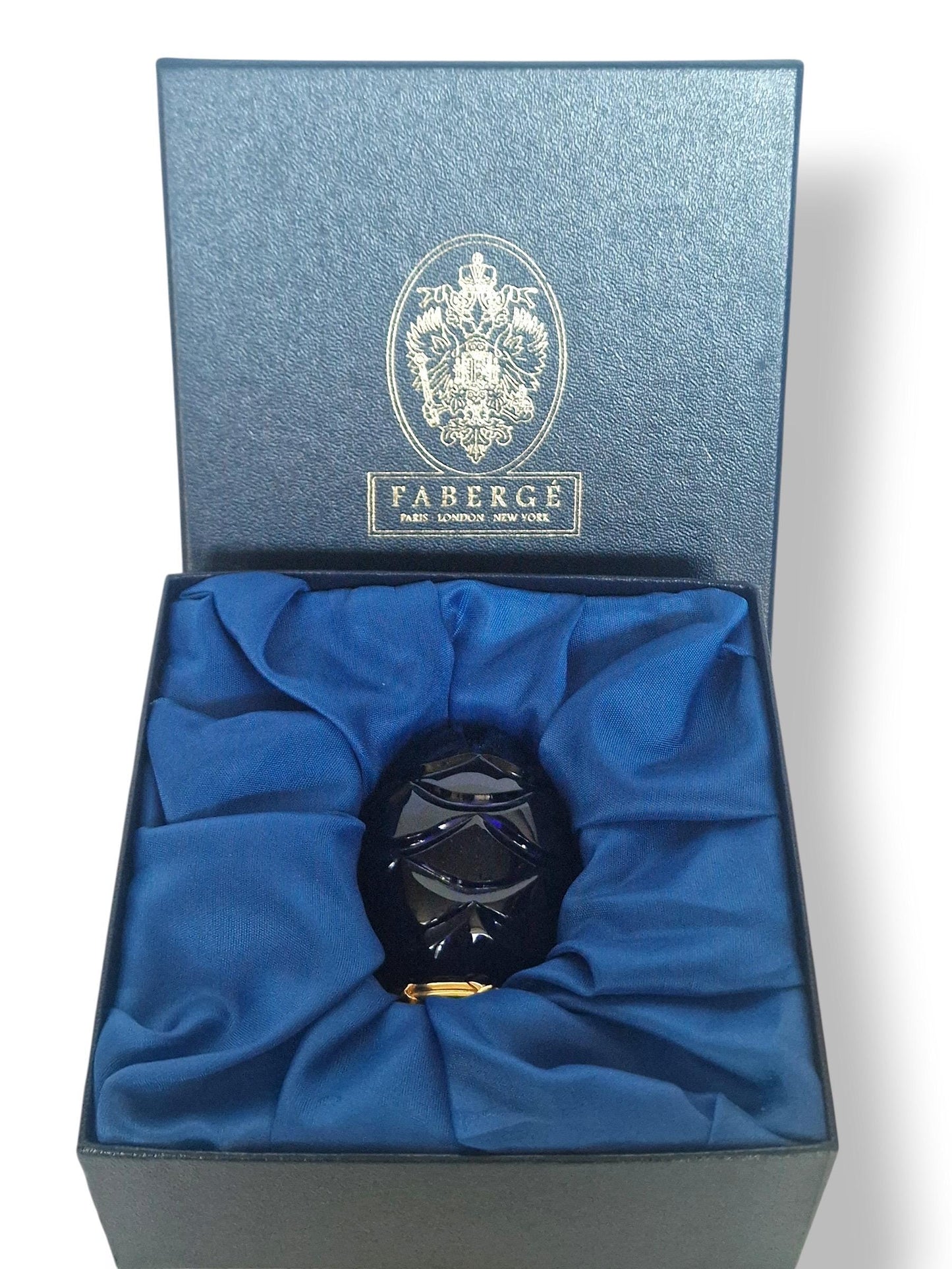Signed Faberge Imperial boxed Crystal Egg, Limited Edition, sapphire blue