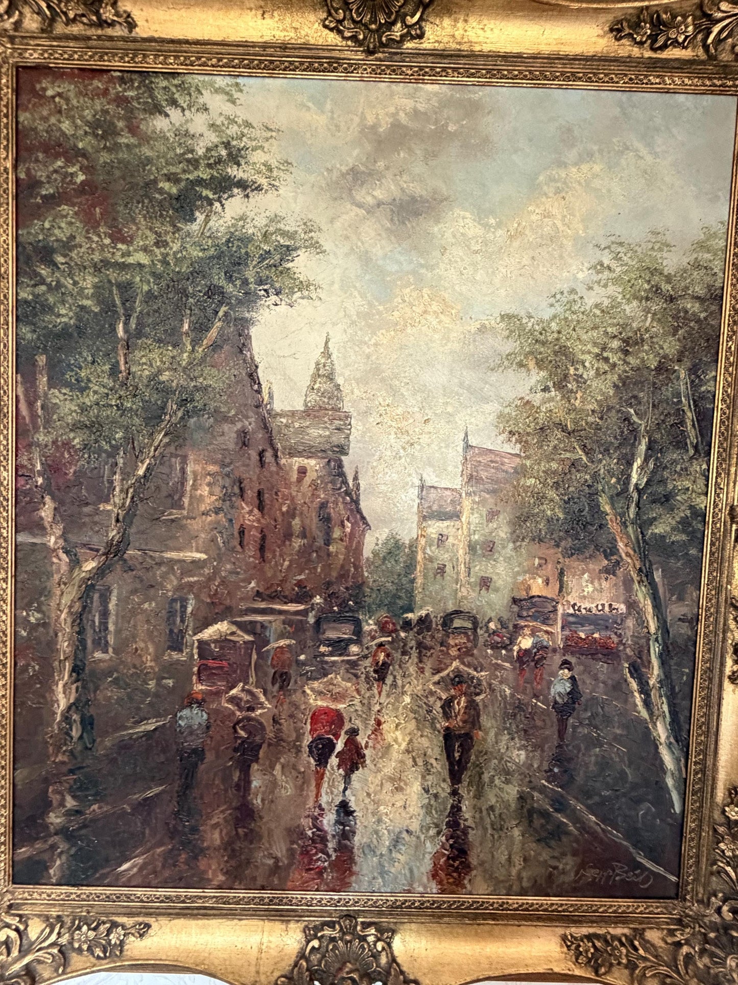 Josef “Sepp” Beil – Rain in Munich - impressionist, Large Oil on Canvas, 1950-1960, 82 x 72 vm