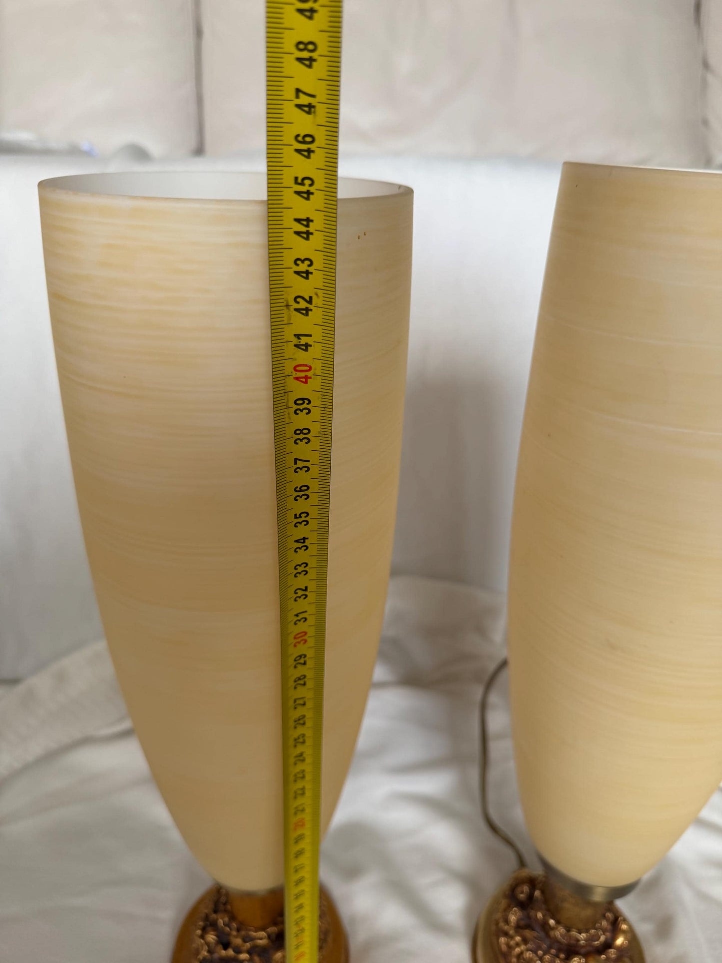 Pair of elegant tall Vintage Italian Hollywood Regency Table Lamps Frosted Glass Gilt Fruit Bases Mid Century Set tablelamps gold