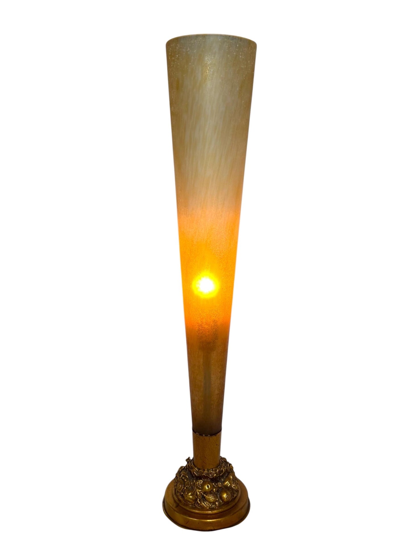 An elegant tall Vintage Italian Hollywood Regency Table Lamp Frosted Glass Gilt Fruit Base Mid Century  tablelamp goldausema lights